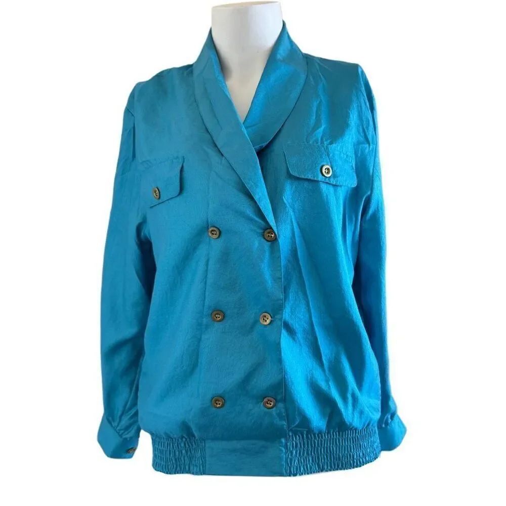 D.K Gold L women’s 80s vintage silky satin teal electric blue blouse shiny pullo